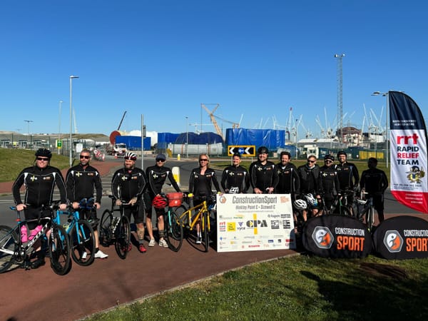 Riders prepare to set off from Hinkley Point C in Somerset on their 300-mile cycling challenge