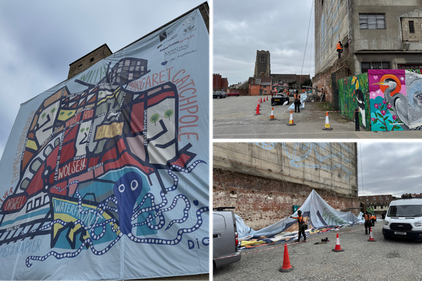 Image collage of the mural going up