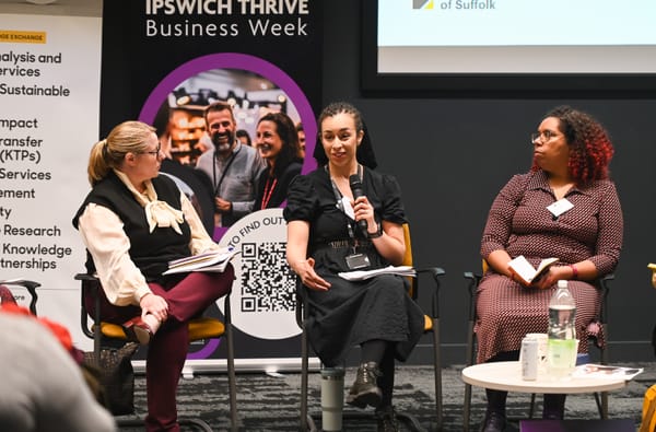 Three speakers talking on stage at Suffolk Unlocked on March 13th 2025