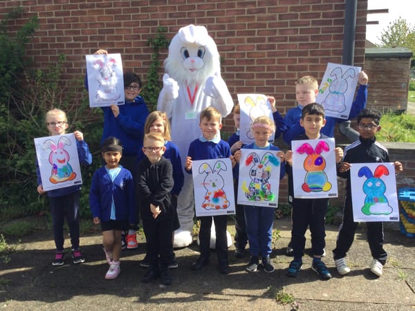 All About Hearing's Easter Bunny with children from Rushmere Hall Primary School in Ipswich