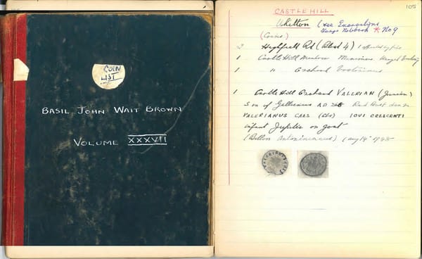 Pages from Basil Brown’s notebook recording artefacts found at Castle Hill in Ipswich