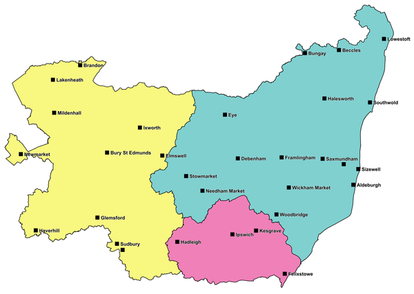 Leaked, unconfirmed boundaries of the three proposed unitary authorities for Suffolk