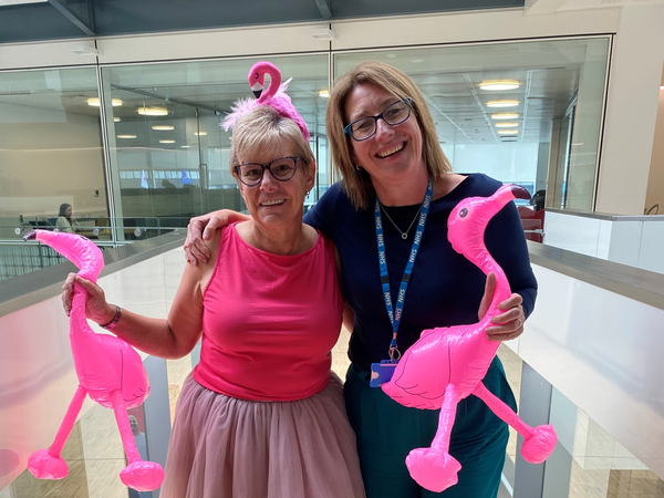 NHS Suffolk and North East Essex Integrated Care Board's Lisa Elmy with chief nurse Lisa Nobes taking part in the Flamingo Challenge