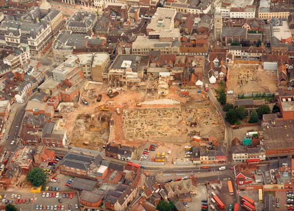 An aerial view, looking north, of the Buttermarket excavation in 1988