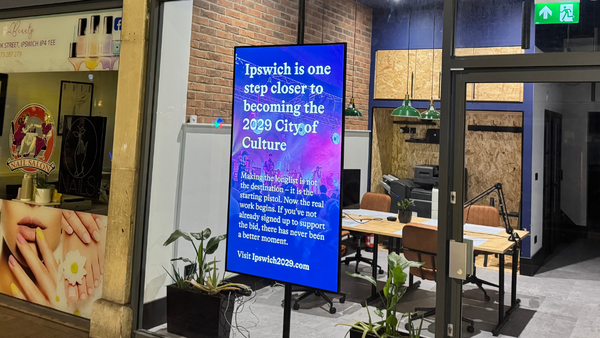 City of Culture billboard at at Ipswich.co.uk's high street newsroom